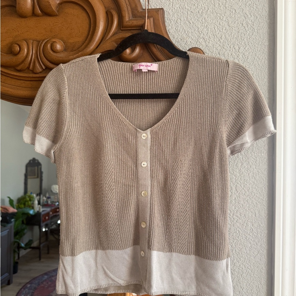 Per Una Taupe and Cream Button-Down Knit Top